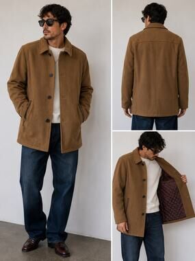 Cole Haan Signature Wool Blend Car Coat Camel Brown Quilted Lined Men's XL